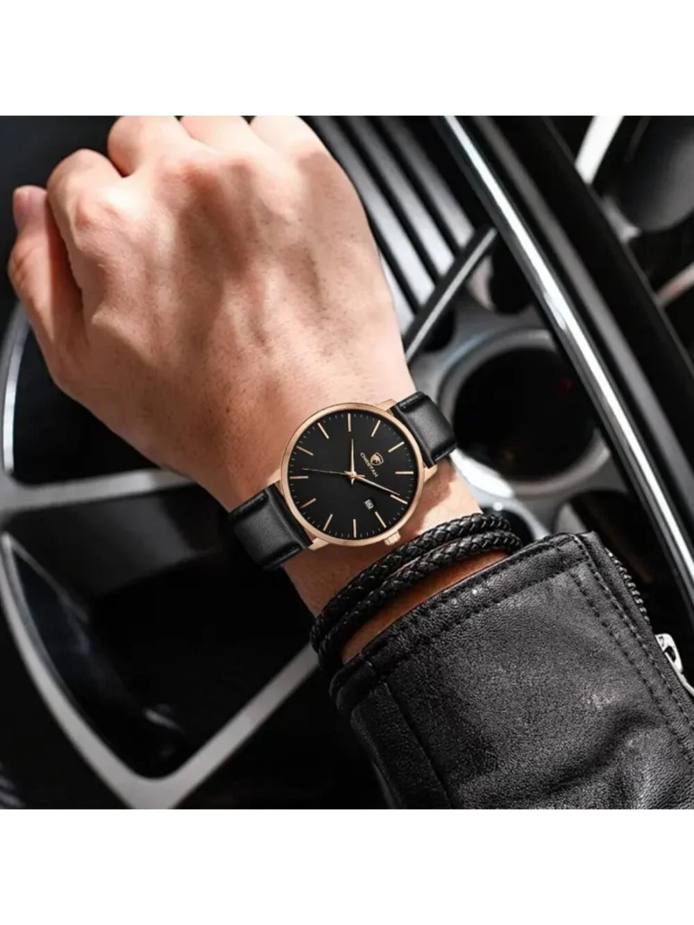Stylish Minimalist Waterproof Quartz Watch for Men, Leather Strap, Auto Date